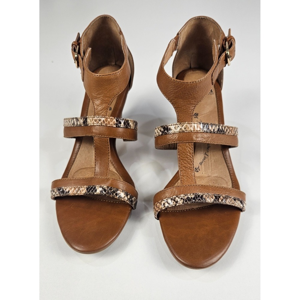 SOFFT Women's Cognac Leather Snake Print Ankle Strap Wedge Sandals Size 7.5 Wide
